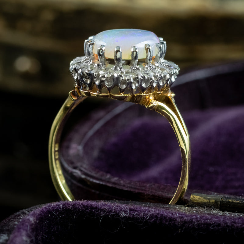 Vintage Opal Diamond Cluster Ring 3.3ct Natural Opal Dated 1975