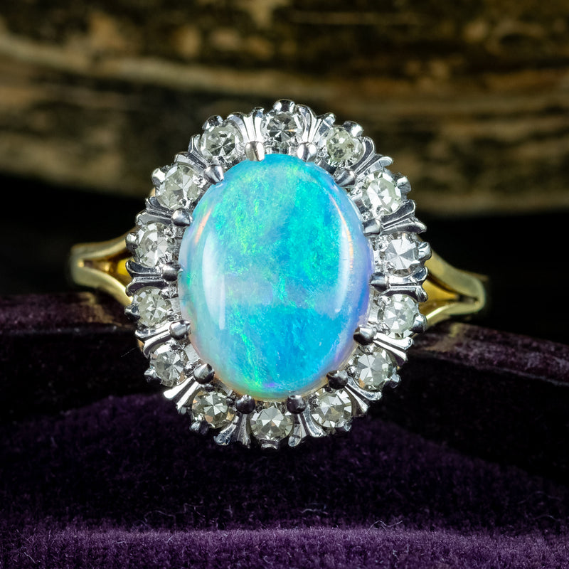 Vintage Opal Diamond Cluster Ring 3.3ct Natural Opal Dated 1975