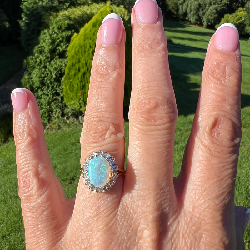 Vintage Opal Diamond Cluster Ring 3.3ct Natural Opal Dated 1975