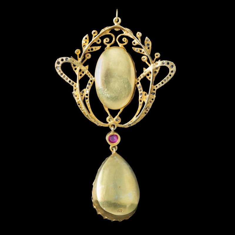 Vintage Opal Diamond Ruby Pendant Silver Gold With Box