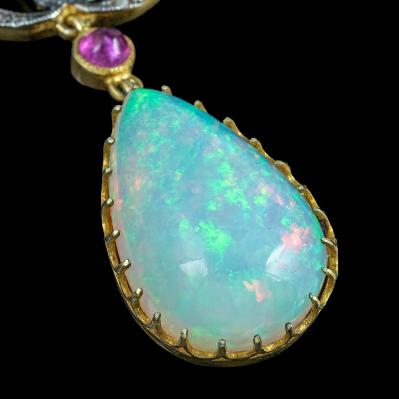 Vintage Opal Diamond Ruby Pendant Silver Gold With Box