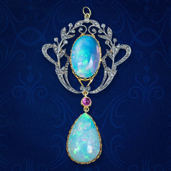 Vintage Opal Diamond Ruby Pendant Silver Gold With Box