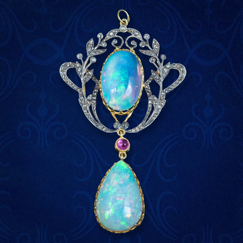 Vintage Opal Diamond Ruby Pendant Silver Gold With Box