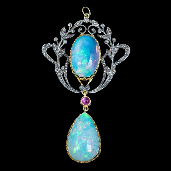 Vintage Opal Diamond Ruby Pendant Silver Gold With Box