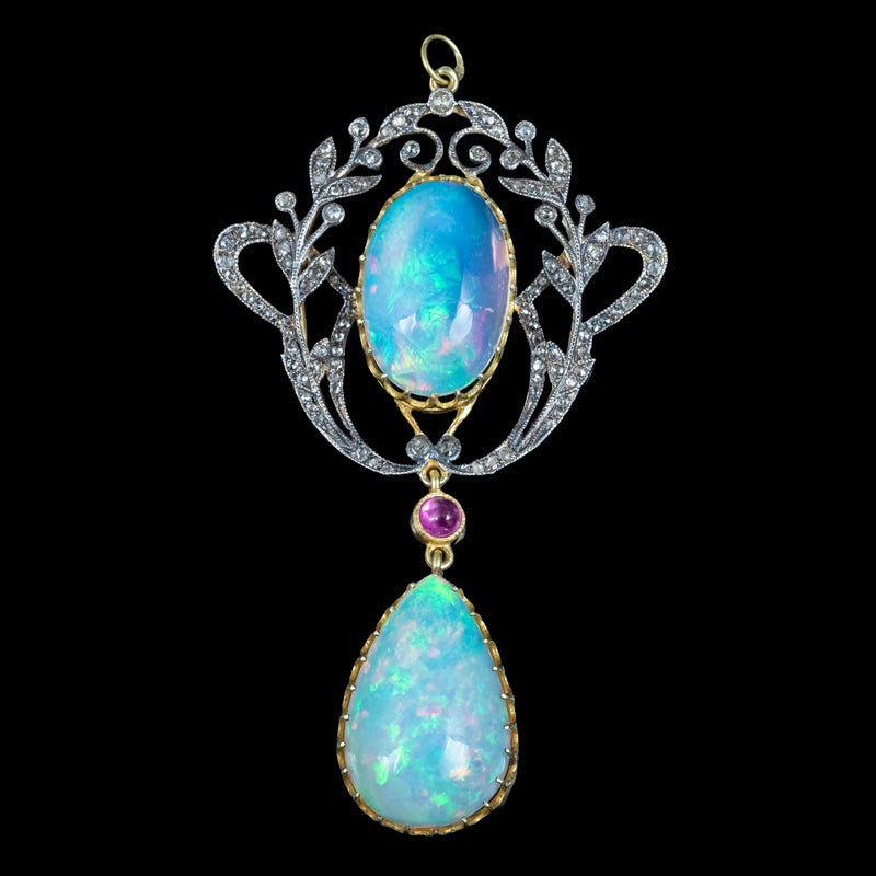 Vintage Opal Diamond Ruby Pendant Silver Gold With Box