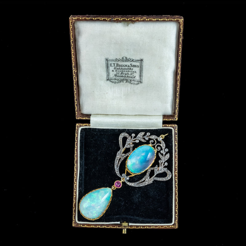 Vintage Opal Diamond Ruby Pendant Silver Gold With Box