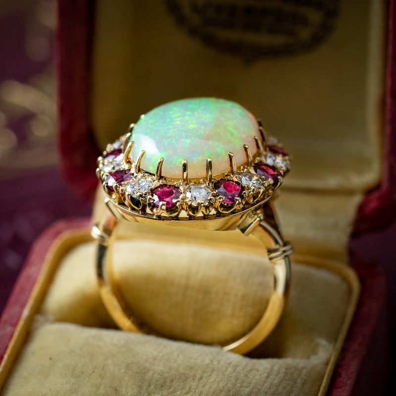 Vintage Opal Ruby Diamond Cocktail Ring 8ct Opal With Box