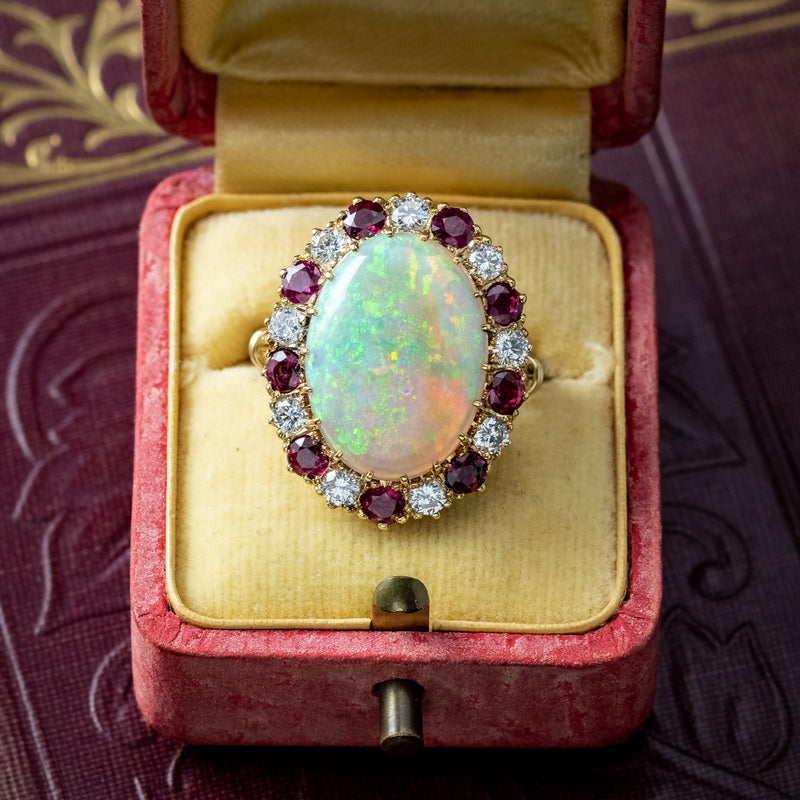 Vintage Opal Ruby Diamond Cocktail Ring 8ct Opal With Box