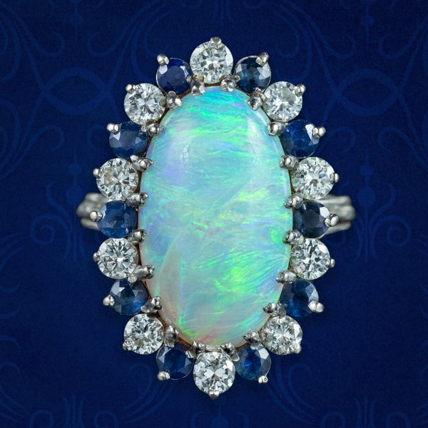 Vintage Opal Sapphire Diamond Cluster Cocktail Ring 6ct Opal 