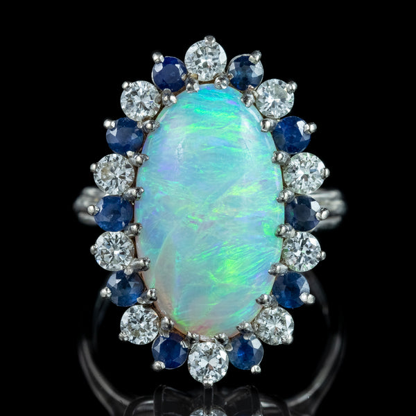 Vintage Opal Sapphire Diamond Cluster Cocktail Ring 6ct Opal 