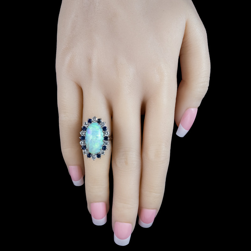 Vintage Opal Sapphire Diamond Cluster Cocktail Ring 6ct Opal 