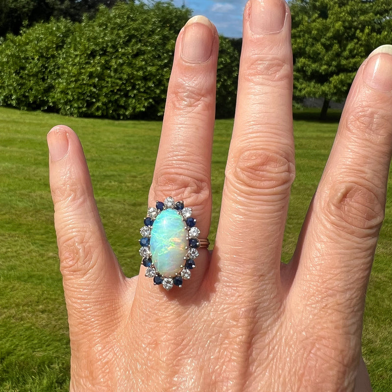 Vintage Opal Sapphire Diamond Cluster Cocktail Ring 6ct Opal