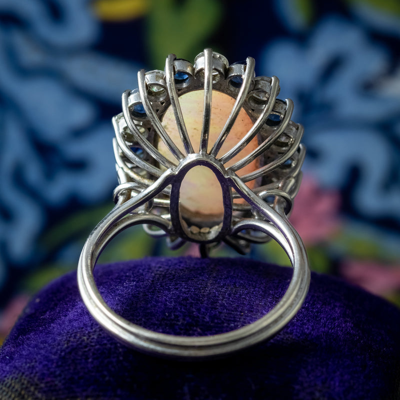 Vintage Opal Sapphire Diamond Cluster Cocktail Ring 6ct Opal 