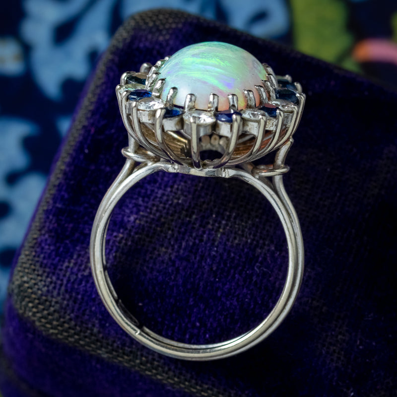 Vintage Opal Sapphire Diamond Cluster Cocktail Ring 6ct Opal 