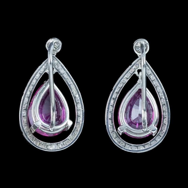 Vintage Pink Sapphire Diamond Teardrop Earrings 18ct Gold 8ct Sapphire