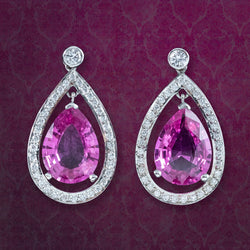 Vintage Pink Sapphire Diamond Teardrop Earrings 18ct Gold 8ct Sapphire
