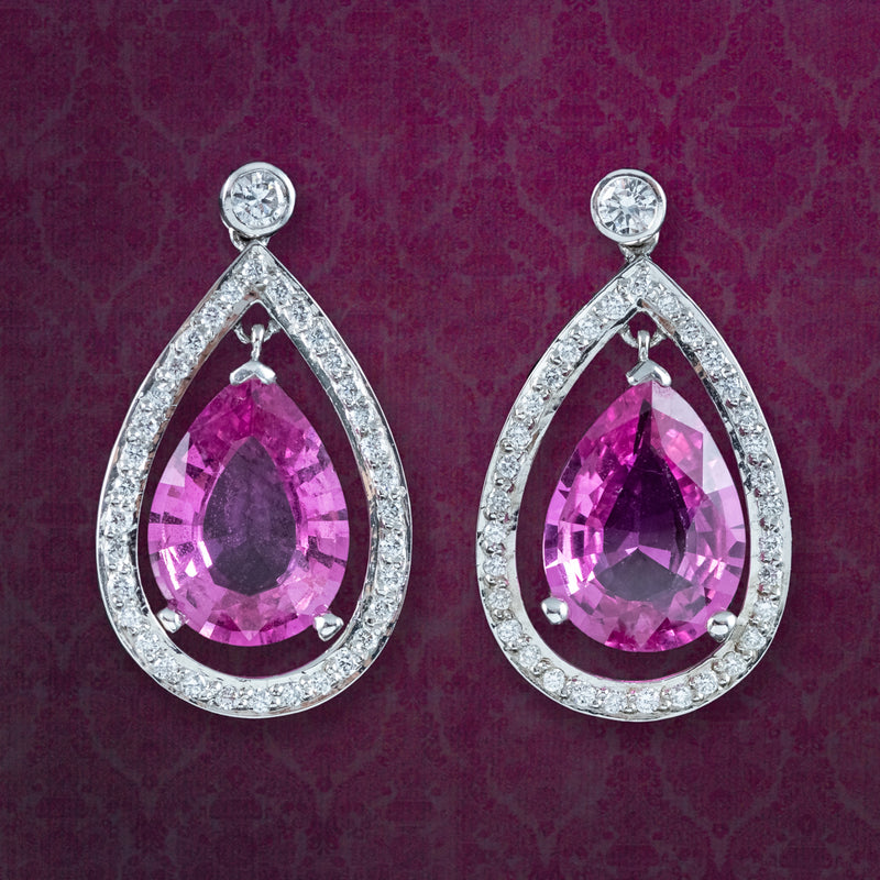 Vintage Pink Sapphire Diamond Teardrop Earrings 18ct Gold 8ct Sapphire