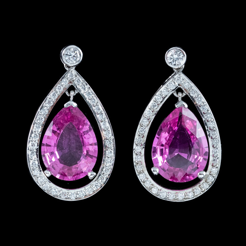 Vintage Pink Sapphire Diamond Teardrop Earrings 18ct Gold 8ct Sapphire
