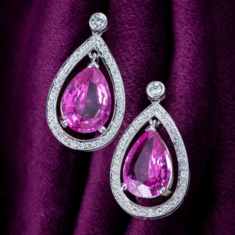 Vintage Pink Sapphire Diamond Teardrop Earrings 18ct Gold 8ct Sapphire