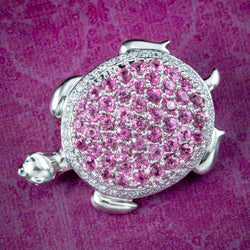 Vintage Pink Tourmaline Diamond Turtle Brooch 18ct Gold 