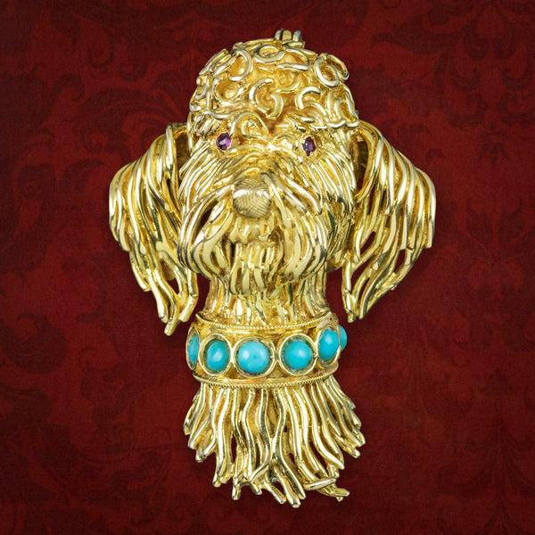 Vintage Poodle Dog Brooch 18ct Gold Turquoise Collar Ruby Eyes