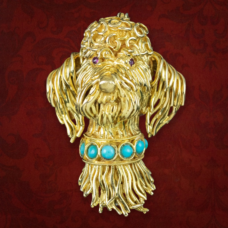 Vintage Poodle Dog Brooch 18ct Gold Turquoise Collar Ruby Eyes