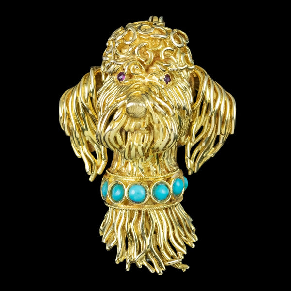 Vintage Poodle Dog Brooch 18ct Gold Turquoise Collar Ruby Eyes