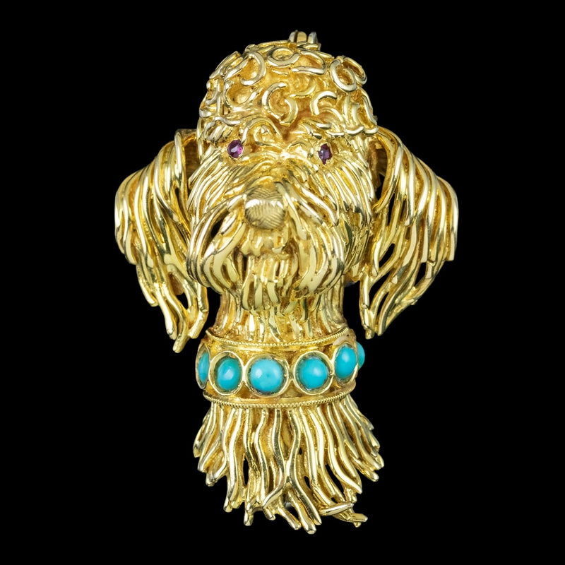 Vintage Poodle Dog Brooch 18ct Gold Turquoise Collar Ruby Eyes