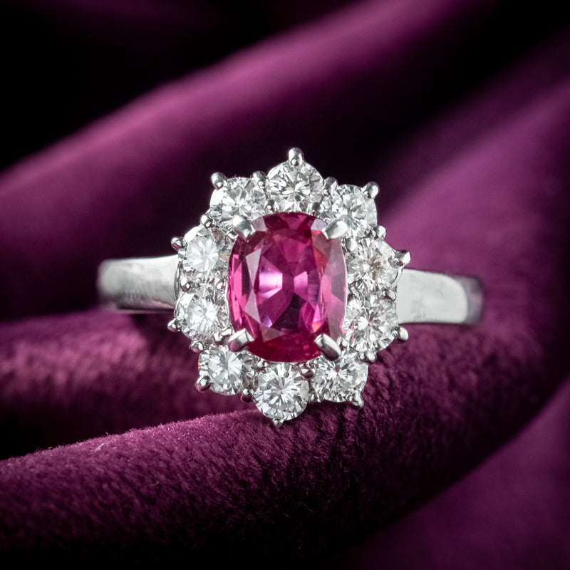 Vintage Ruby Diamond Cluster Ring 1.32ct Ruby With Cert 