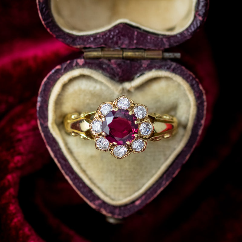 Vintage Ruby Diamond Cluster Ring Natural 0.84ct Ruby Dated 1977