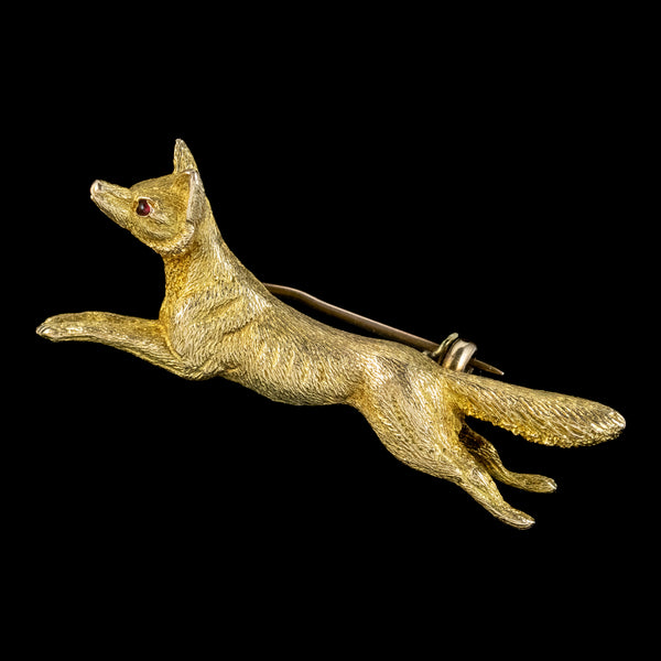 Vintage Running Fox Brooch Garnet Eyes Solid 15ct Gold