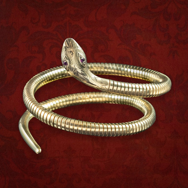 Vintage Style Snake Bangle Ruby Eyes 9ct Gold 