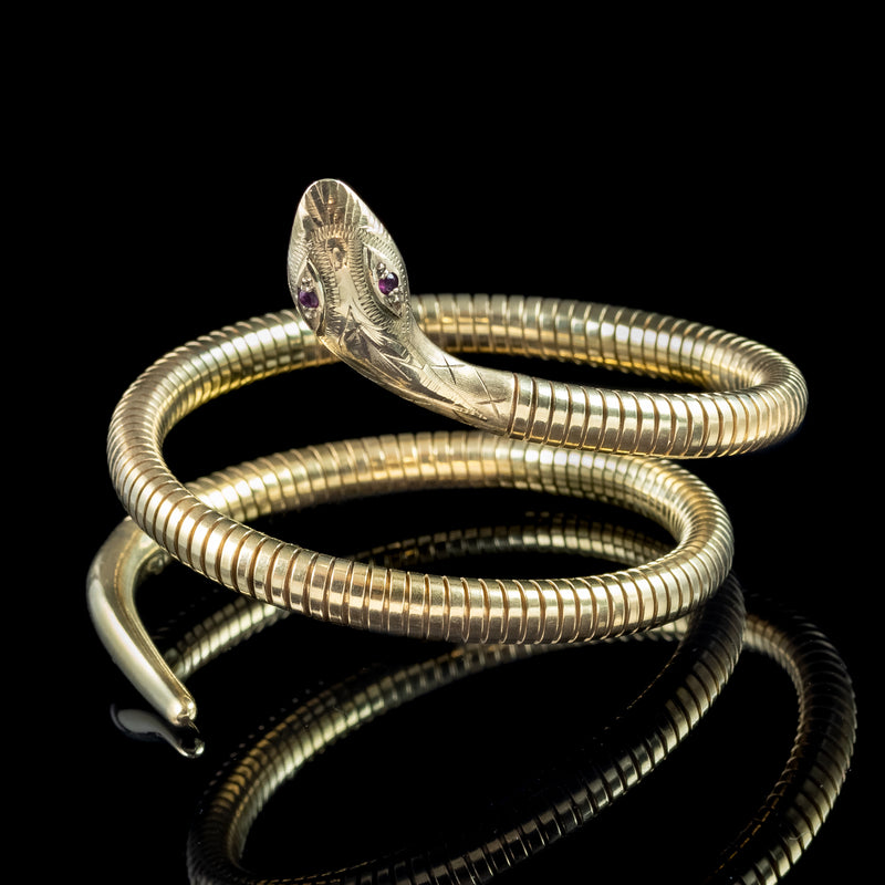 Vintage Style Snake Bangle Ruby Eyes 9ct Gold 