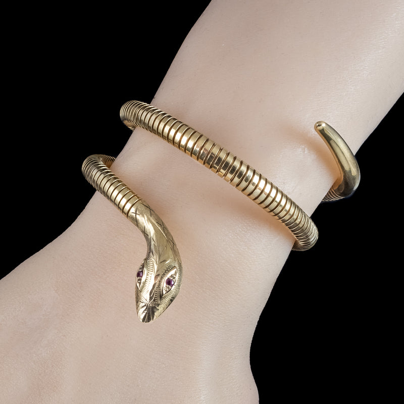 Vintage Style Snake Bangle Ruby Eyes 9ct Gold 