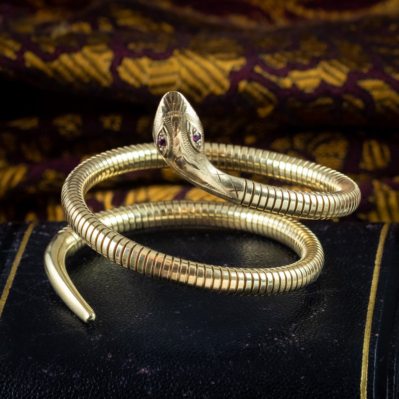 Vintage Style Snake Bangle Ruby Eyes 9ct Gold 