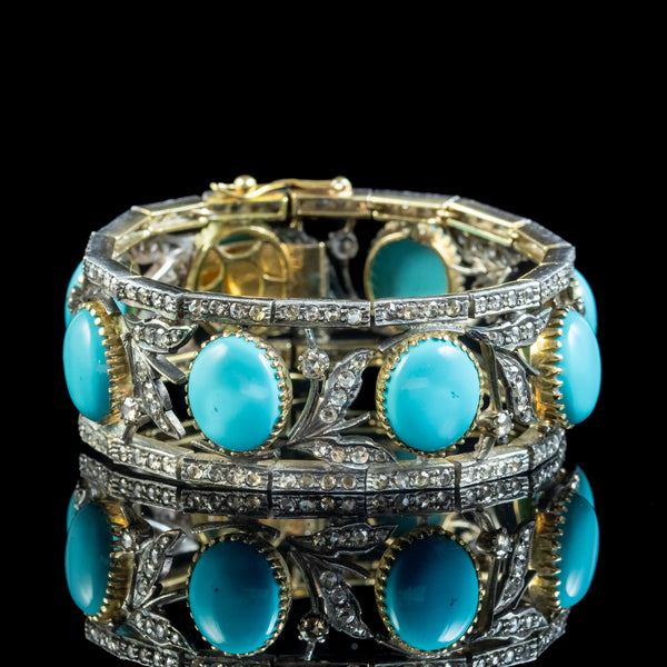 Vintage Turquoise Diamond Bracelet Silver 18ct Gold 7ct Diamond 