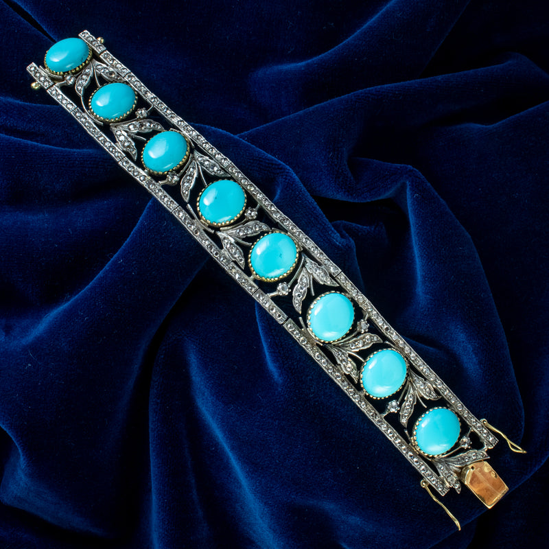 Vintage Turquoise Diamond Bracelet Silver 18ct Gold 7ct Diamond 