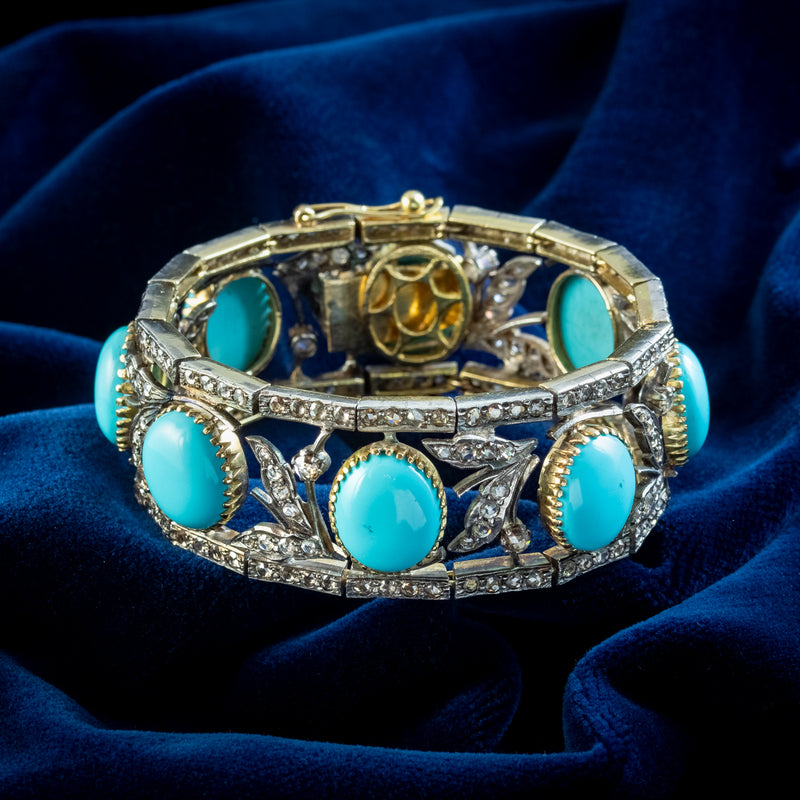 Vintage Turquoise Diamond Bracelet Silver 18ct Gold 7ct Diamond 