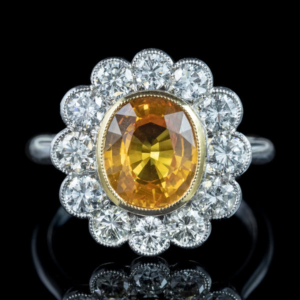 Edwardian Style Sapphire Diamond Cluster Ring 3.48ct Yellow Sapphire