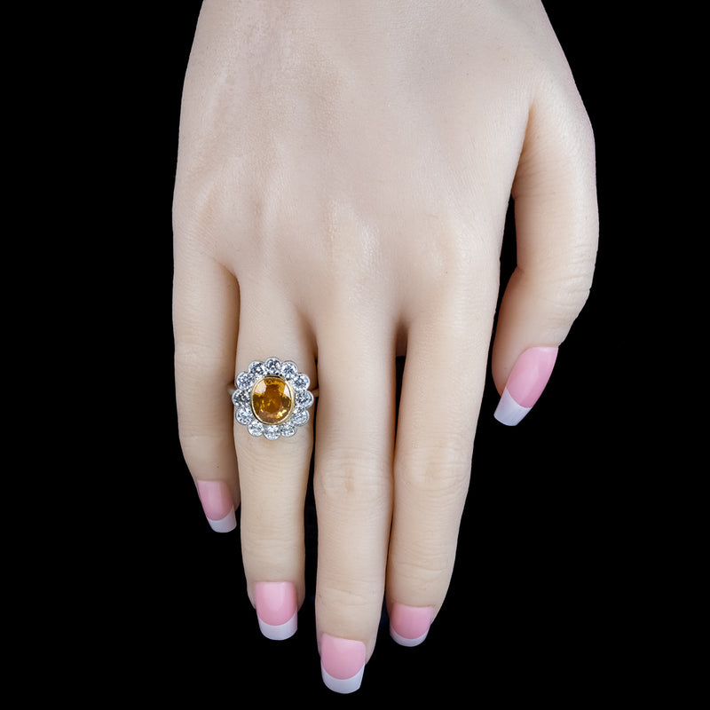 Edwardian Style Sapphire Diamond Cluster Ring 3.48ct Yellow Sapphire