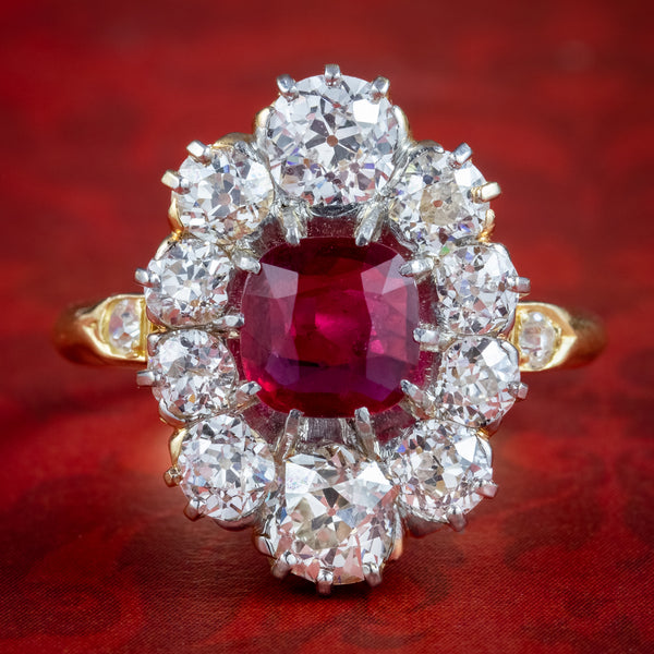 Antique Edwardian Ruby Diamond Cluster Ring 1.15ct Ruby With Cert