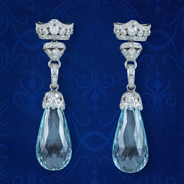Art Deco Style Aquamarine Diamond Drop Earrings 18ct Gold 25ct Of Aqua