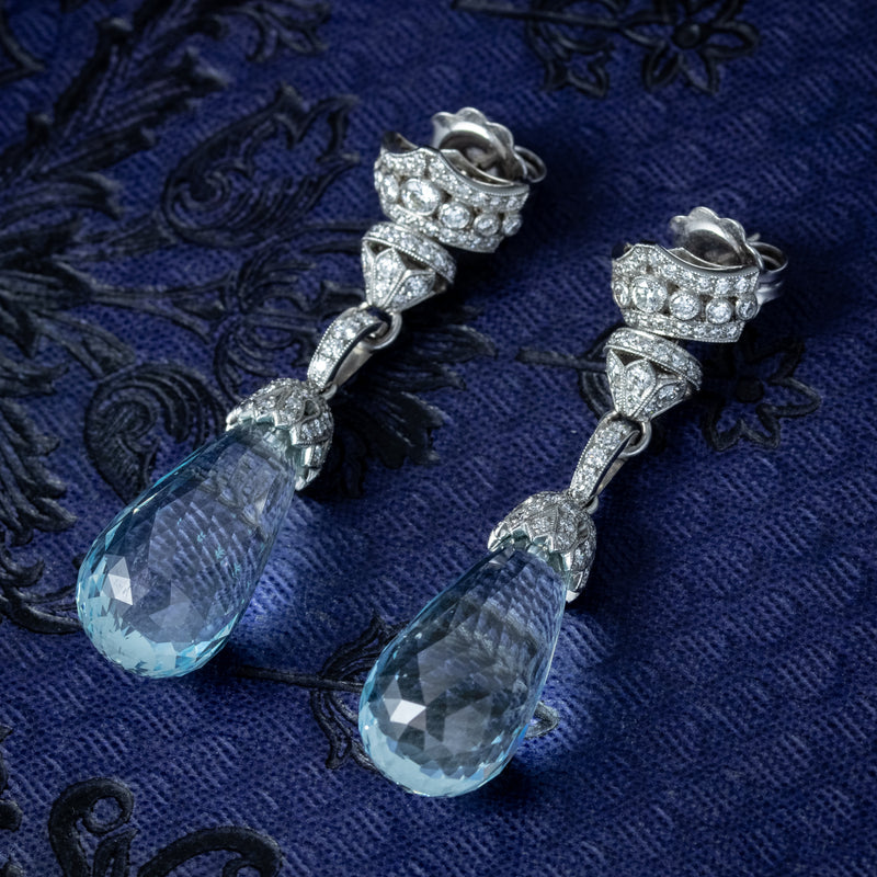 Art Deco Style Aquamarine Diamond Drop Earrings 18ct Gold 25ct Of Aqua