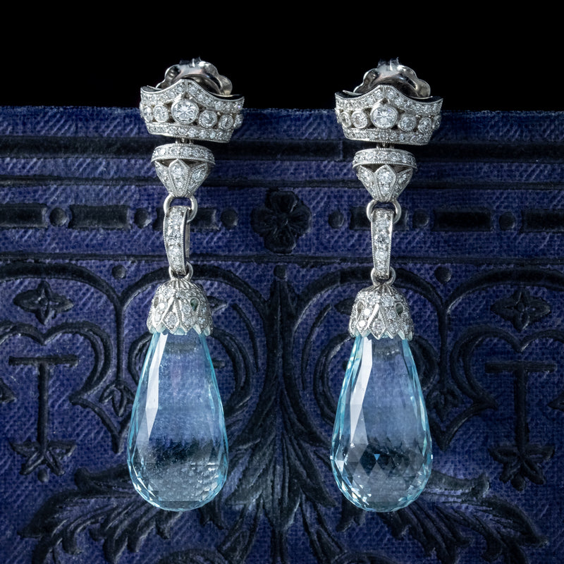 Art Deco Style Aquamarine Diamond Drop Earrings 18ct Gold 25ct Of Aqua