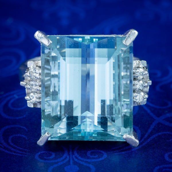 Art Deco Style Aquamarine Diamond Ring Platinum 14.88ct Aqua