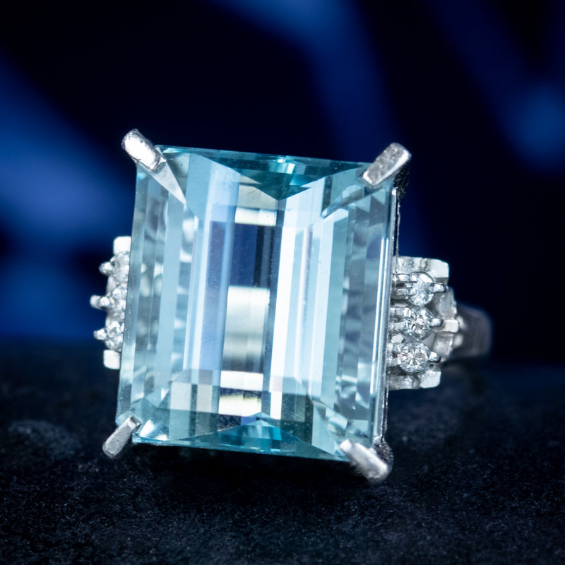 Art Deco Style Aquamarine Diamond Ring Platinum 14.88ct Aqua