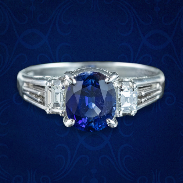 Edwardian Style Sapphire Diamond Trilogy Ring 1.65ct Sapphire