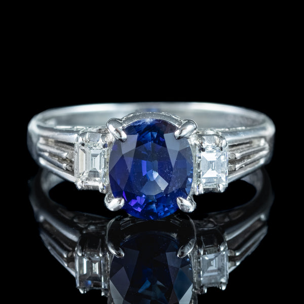 Edwardian Style Sapphire Diamond Trilogy Ring 1.65ct Sapphire