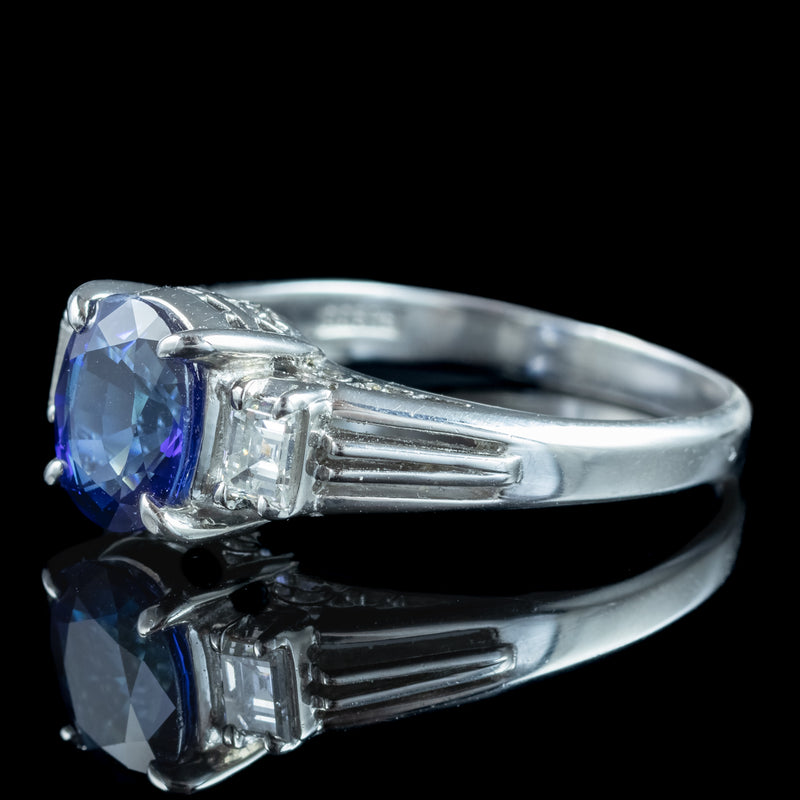 Edwardian Style Sapphire Diamond Trilogy Ring 1.65ct Sapphire