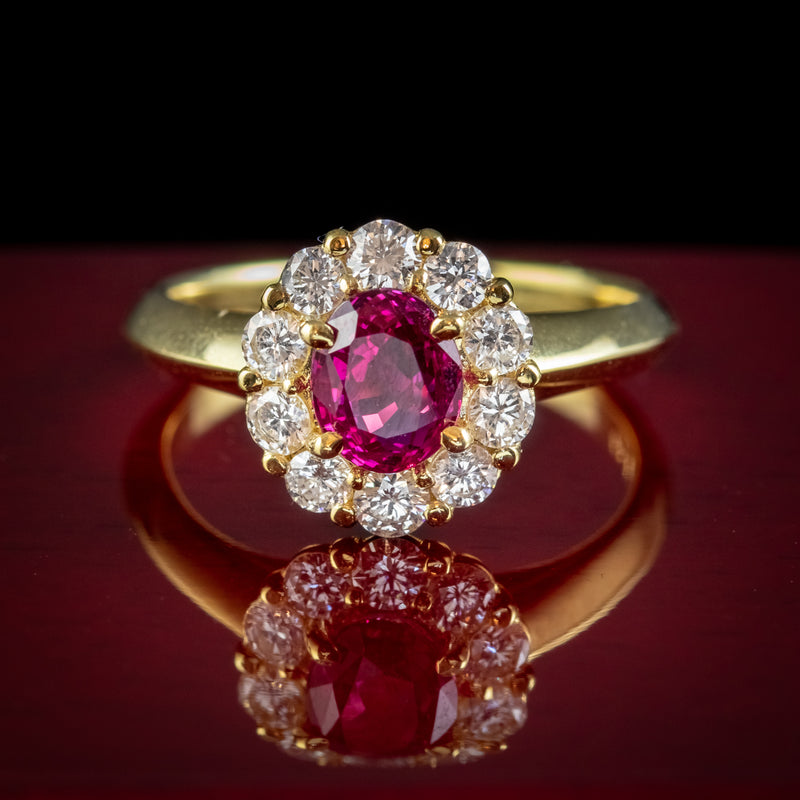 Burmese Ruby Diamond Cluster Ring 18Ct Gold 1.10Ct Natural Ruby With Cert